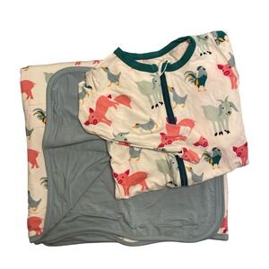 Kickee Pants Natural Farm Animals Footie w/zipper and Toddler Blanket NWT